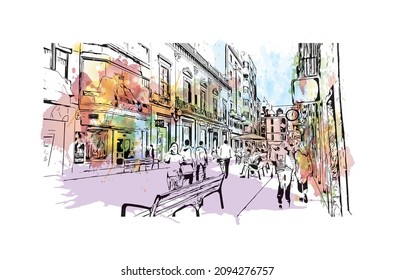 Building view with landmark of Las Palmas is the 
city in Spain. Watercolor splash with hand drawn sketch illustration in vector.