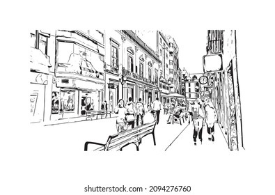 Building view with landmark of Las Palmas is the 
city in Spain. Hand drawn sketch illustration in vector.
