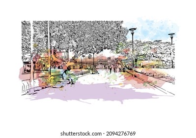 Building view with landmark of Las Palmas is the 
city in Spain. Watercolor splash with hand drawn sketch illustration in vector.