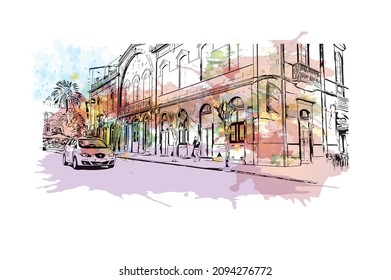 Building view with landmark of Las Palmas is the 
city in Spain. Watercolor splash with hand drawn sketch illustration in vector.
