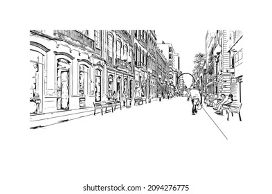 Building view with landmark of Las Palmas is the 
city in Spain. Hand drawn sketch illustration in vector.