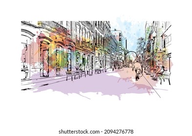 Building view with landmark of Las Palmas is the 
city in Spain. Watercolor splash with hand drawn sketch illustration in vector.