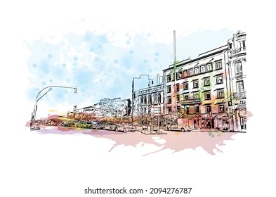 Building view with landmark of Las Palmas is the 
city in Spain. Watercolor splash with hand drawn sketch illustration in vector.