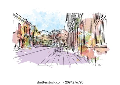 Building view with landmark of Las Palmas is the 
city in Spain. Watercolor splash with hand drawn sketch illustration in vector.