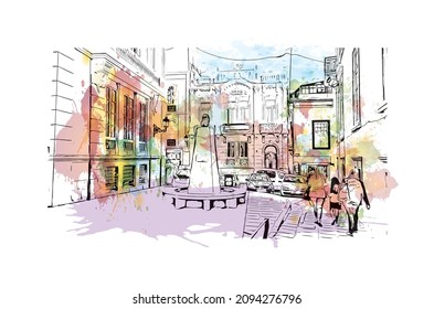 Building view with landmark of Las Palmas is the 
city in Spain. Watercolor splash with hand drawn sketch illustration in vector.