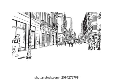 Building view with landmark of Las Palmas is the 
city in Spain. Hand drawn sketch illustration in vector.