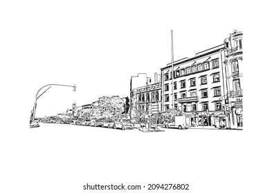 Building view with landmark of Las Palmas is the 
city in Spain. Hand drawn sketch illustration in vector.