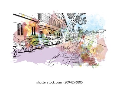 Building view with landmark of Las Palmas is the 
city in Spain. Watercolor splash with hand drawn sketch illustration in vector.