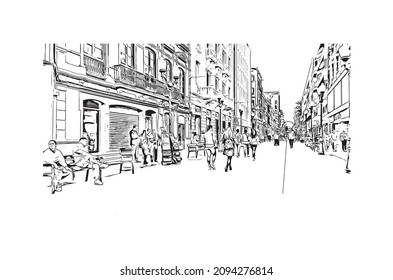 Building view with landmark of Las Palmas is the 
city in Spain. Hand drawn sketch illustration in vector.