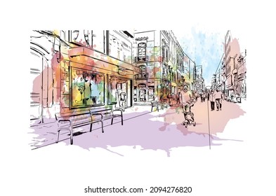 Building view with landmark of Las Palmas is the 
city in Spain. Watercolor splash with hand drawn sketch illustration in vector.