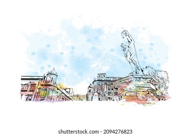Building view with landmark of Las Palmas is the 
city in Spain. Watercolor splash with hand drawn sketch illustration in vector.