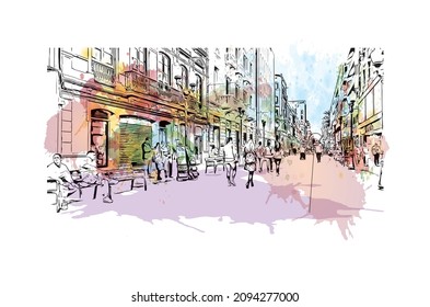 Building view with landmark of Las Palmas is the 
city in Spain. Watercolor splash with hand drawn sketch illustration in vector.