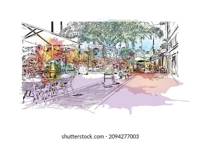 Building view with landmark of Las Palmas is the 
city in Spain. Watercolor splash with hand drawn sketch illustration in vector.