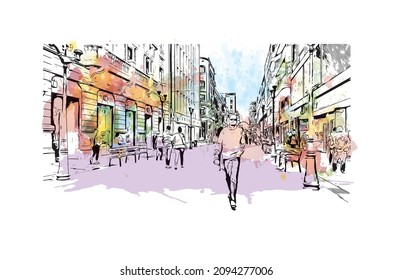 Building view with landmark of Las Palmas is the 
city in Spain. Watercolor splash with hand drawn sketch illustration in vector.