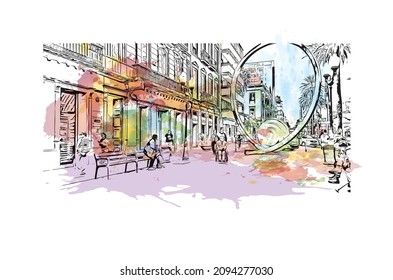 Building view with landmark of Las Palmas is the 
city in Spain. Watercolor splash with hand drawn sketch illustration in vector.