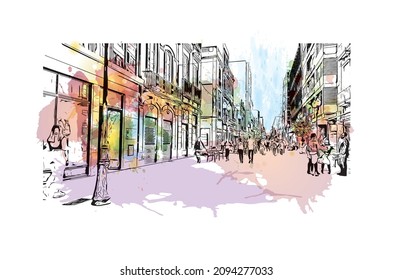 Building view with landmark of Las Palmas is the 
city in Spain. Watercolor splash with hand drawn sketch illustration in vector.