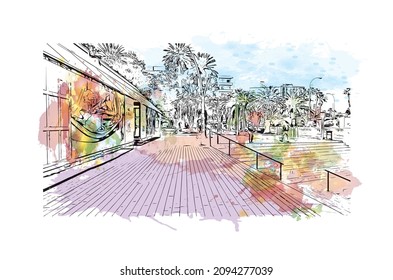 Building view with landmark of Las Palmas is the 
city in Spain. Watercolor splash with hand drawn sketch illustration in vector.