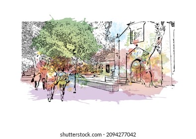 Building view with landmark of Las Palmas is the 
city in Spain. Watercolor splash with hand drawn sketch illustration in vector.