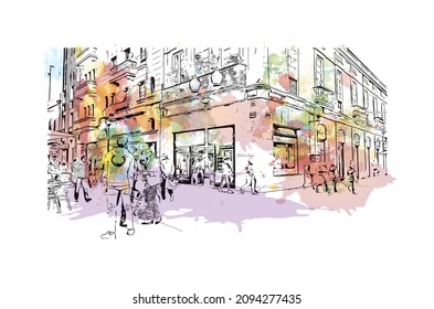 Building view with landmark of Las Palmas is the 
city in Spain. Watercolor splash with hand drawn sketch illustration in vector.