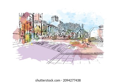 Building view with landmark of Las Palmas is the 
city in Spain. Watercolor splash with hand drawn sketch illustration in vector.
