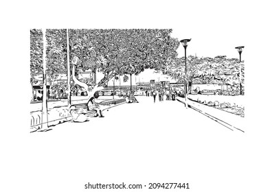 Building view with landmark of Las Palmas is the 
city in Spain. Hand drawn sketch illustration in vector.