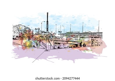 Building view with landmark of Las Palmas is the 
city in Spain. Watercolor splash with hand drawn sketch illustration in vector.