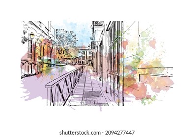 Building view with landmark of Las Palmas is the 
city in Spain. Watercolor splash with hand drawn sketch illustration in vector.