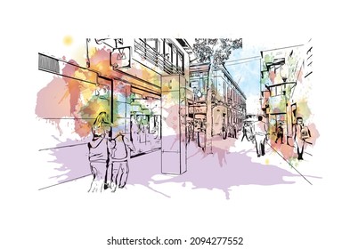Building view with landmark of Las Palmas is the 
city in Spain. Watercolor splash with hand drawn sketch illustration in vector.
