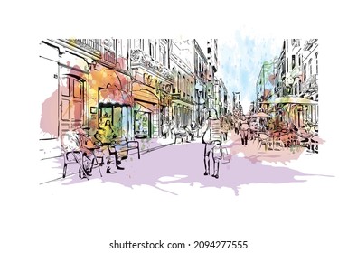 Building view with landmark of Las Palmas is the 
city in Spain. Watercolor splash with hand drawn sketch illustration in vector.
