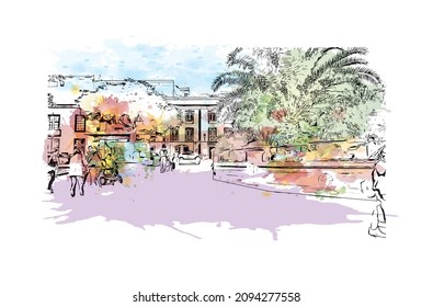 Building view with landmark of Las Palmas is the 
city in Spain. Watercolor splash with hand drawn sketch illustration in vector.