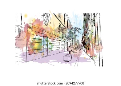 Building view with landmark of Las Palmas is the 
city in Spain. Watercolor splash with hand drawn sketch illustration in vector.