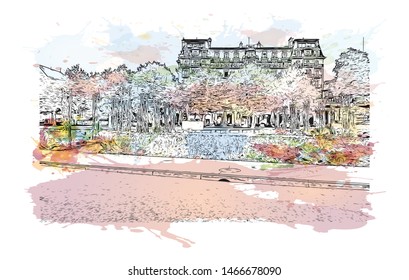 Building view with landmark of Lausanne is a city on Lake Geneva, in the French-speaking region of Vaud, Switzerland. Hand drawn sketch illustration in vector.