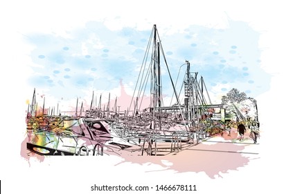 Building view with landmark of Lausanne is a city on Lake Geneva, in the French-speaking region of Vaud, Switzerland. Hand drawn sketch illustration in vector.