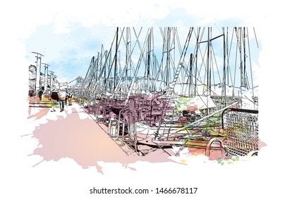 Building view with landmark of Lausanne is a city on Lake Geneva, in the French-speaking region of Vaud, Switzerland. Hand drawn sketch illustration in vector.