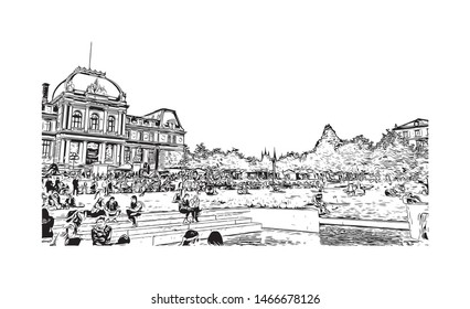 Building view with landmark of Lausanne is a city on Lake Geneva, in the French-speaking region of Vaud, Switzerland. Hand drawn sketch illustration in vector.