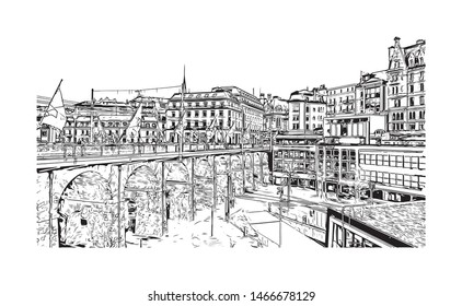 Building view with landmark of Lausanne is a city on Lake Geneva, in the French-speaking region of Vaud, Switzerland. Hand drawn sketch illustration in vector.