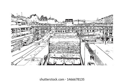 Building view with landmark of Lausanne is a city on Lake Geneva, in the French-speaking region of Vaud, Switzerland. Hand drawn sketch illustration in vector.