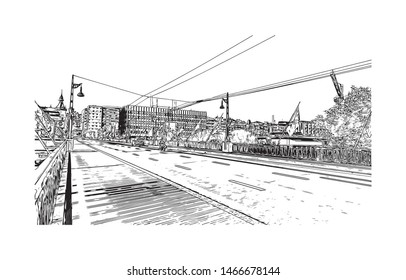 Building view with landmark of Lausanne is a city on Lake Geneva, in the French-speaking region of Vaud, Switzerland. Hand drawn sketch illustration in vector.