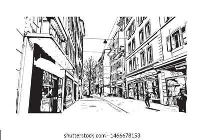 Building view with landmark of Lausanne is a city on Lake Geneva, in the French-speaking region of Vaud, Switzerland. Hand drawn sketch illustration in vector.