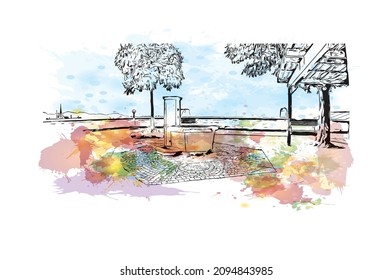 Building view with landmark of Lausanne is the 
city in Switzerland. Watercolor splash with hand drawn sketch illustration in vector.