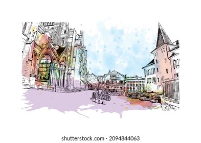Building view with landmark of Lausanne is the 
city in Switzerland. Watercolor splash with hand drawn sketch illustration in vector.