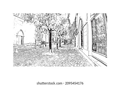 Building view with landmark of Lausanne is the 
city in Switzerland. Hand drawn sketch illustration in vector.