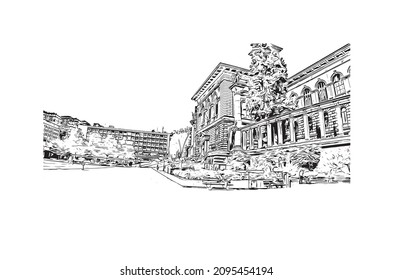 Building view with landmark of Lausanne is the 
city in Switzerland. Hand drawn sketch illustration in vector.