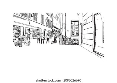 Building view with landmark of Lausanne is the 
city in Switzerland. Hand drawn sketch illustration in vector.