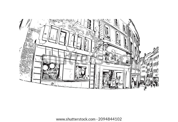 Building view with\
landmark of Lausanne is the \
city in Switzerland. Hand drawn\
sketch illustration in\
vector.