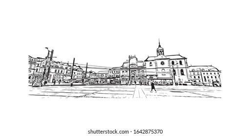Building view with landmark of Le Mans is a city in northwestern France. Hand drawn sketch illustration in vector.