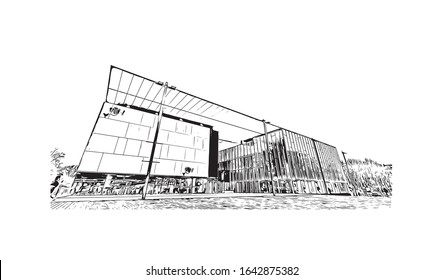 Building view with landmark of Le Mans is a city in northwestern France. Hand drawn sketch illustration in vector.