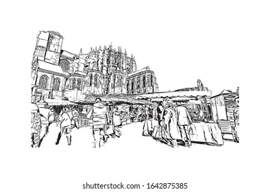Building view with landmark of Le Mans is a city in northwestern France. Hand drawn sketch illustration in vector.