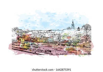 Building view with landmark of Le Mans is a city in northwestern France. Watercolor splash with Hand drawn sketch illustration in vector.