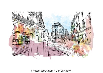 Building view with landmark of Le Mans is a city in northwestern France. Watercolor splash with Hand drawn sketch illustration in vector.